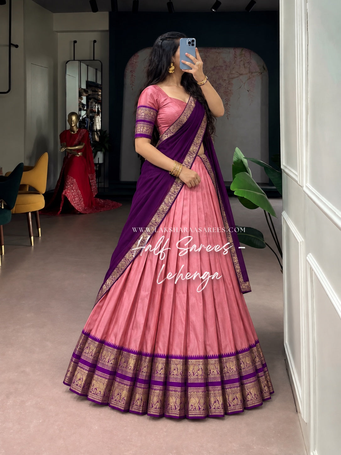 KAYAL Kanchi Cotton Half Saree Lehenga — Pink & Purple