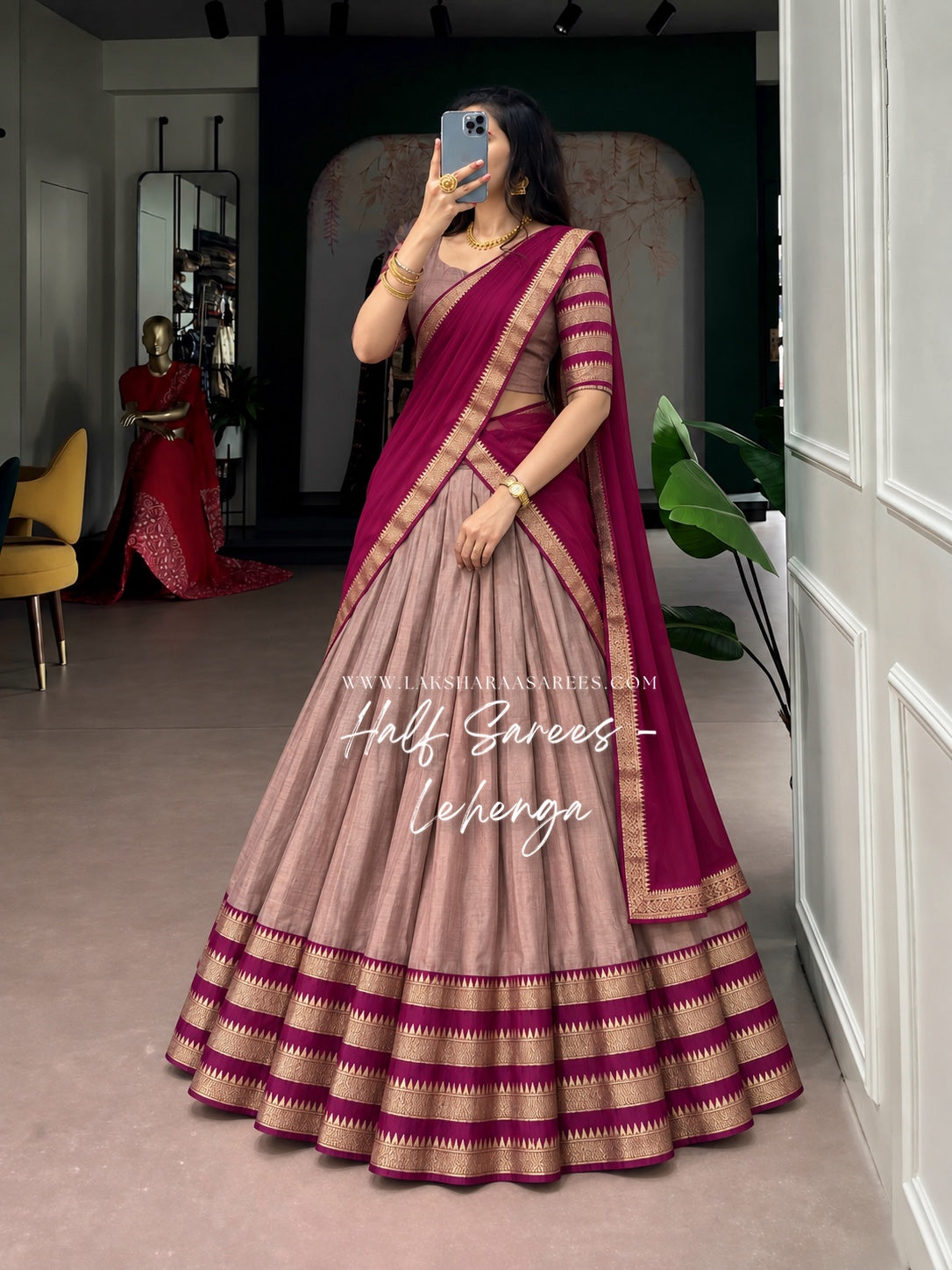 KAYAL Kanchi Cotton Half Saree Lehenga — Rose & Magenta