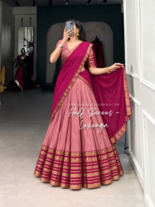 KAYAL Kanchi Cotton Half Saree Lehenga — Rose & Magenta