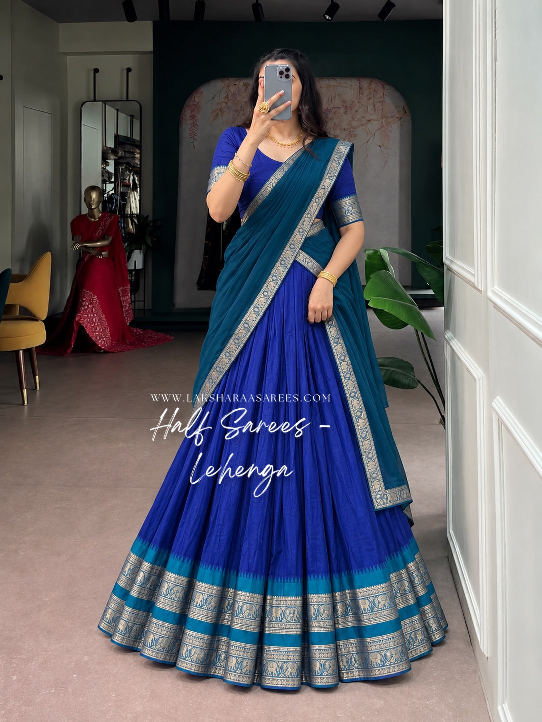 KAYAL Kanchi Cotton Half Saree Lehenga — Royal Blue & Teal