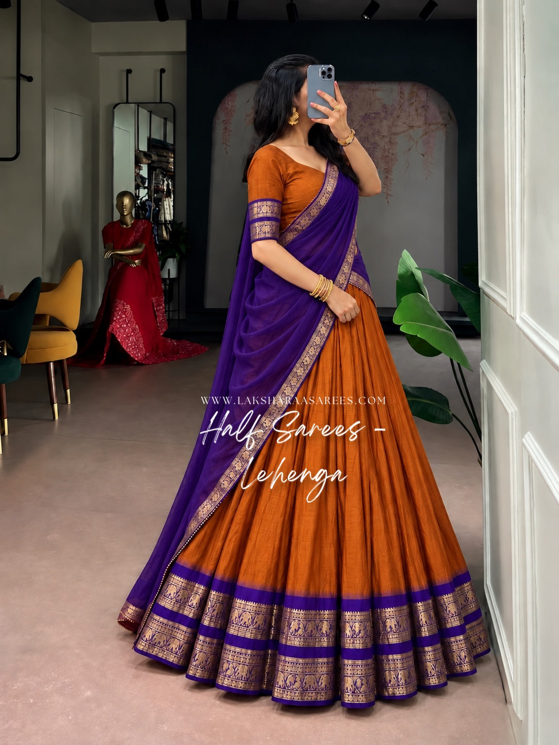 KAYAL Kanchi Cotton Half Saree Lehenga — Rust Orange & Purple