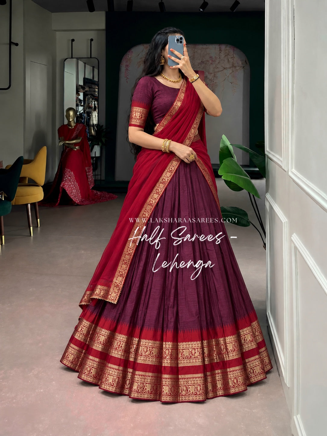 KAYAL Kanchi Cotton Half Saree Lehenga — Wine & Red