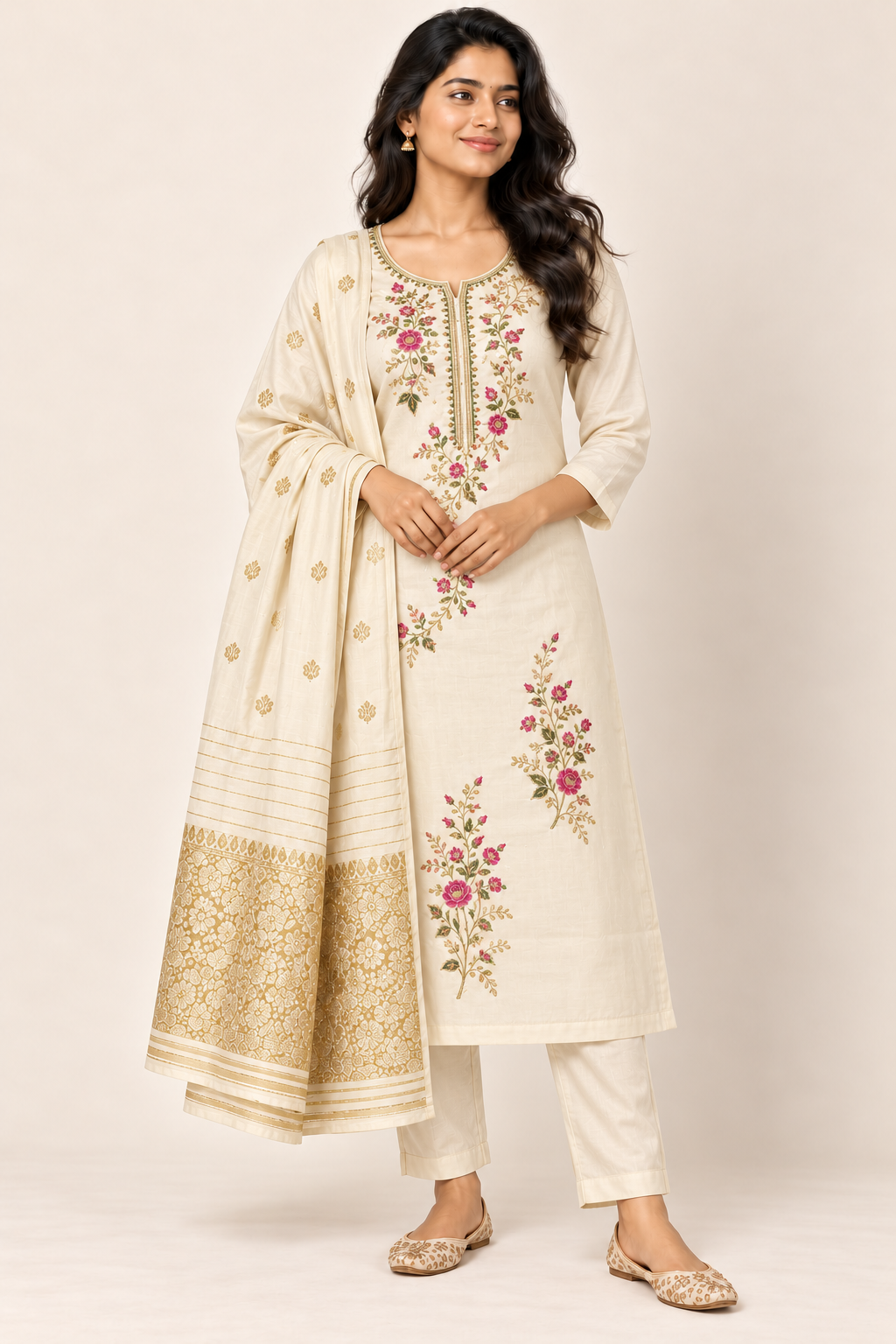 LESA Floral Kurti Set in Ivory