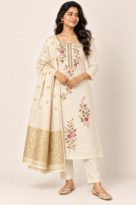LESA Floral Kurti Set in Ivory