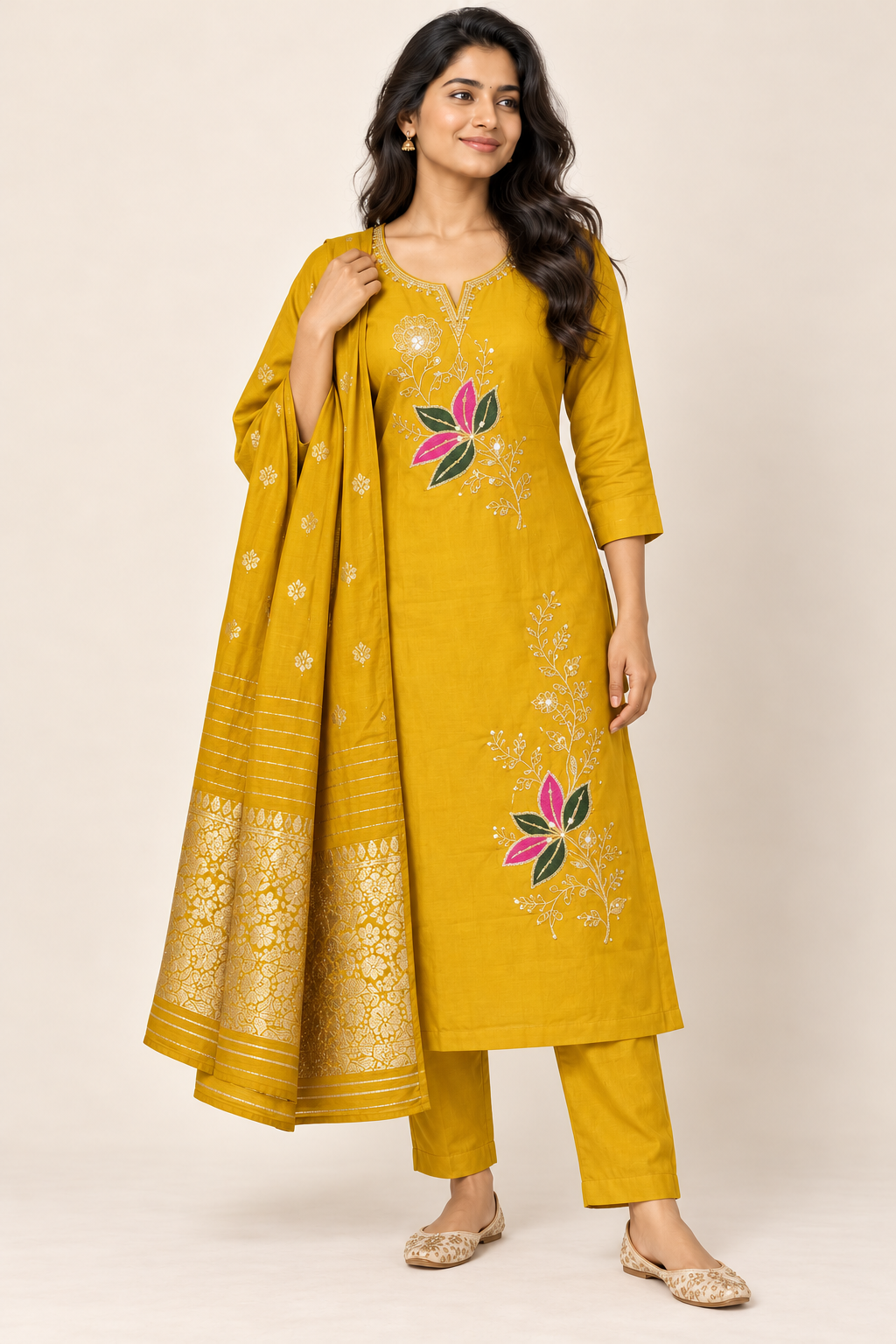 LESA Floral Kurti Set in Mustard