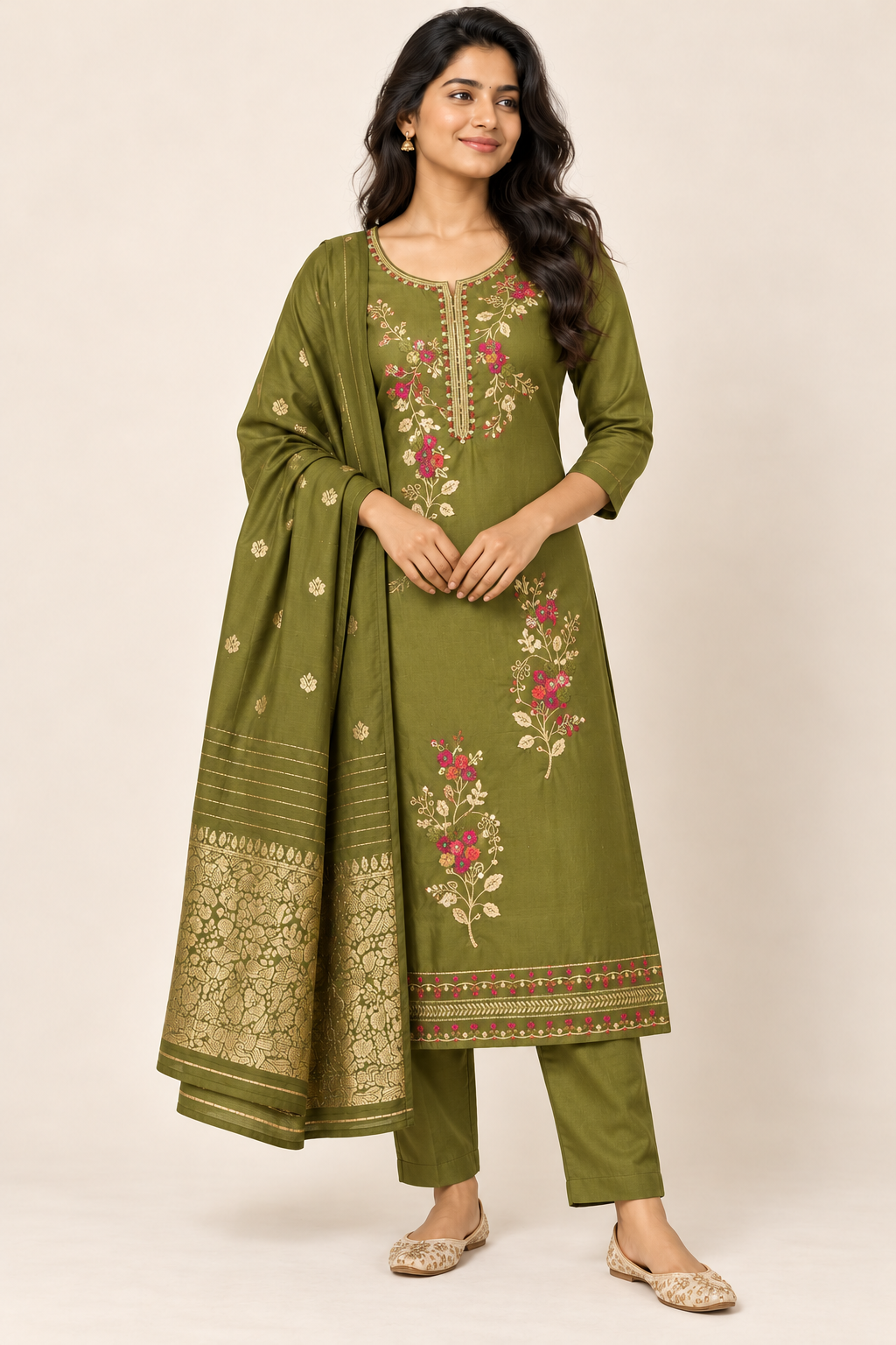 LESA Floral Kurti Set in Olive Green