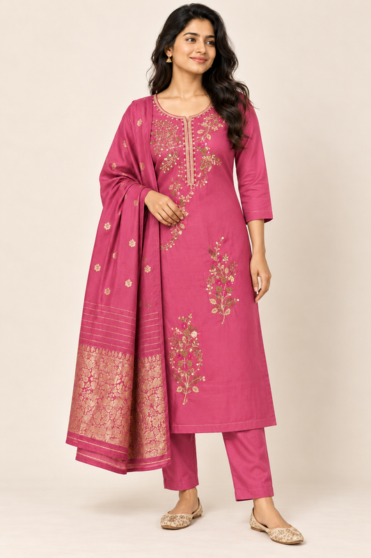 LESA Floral Kurti Set in Pink