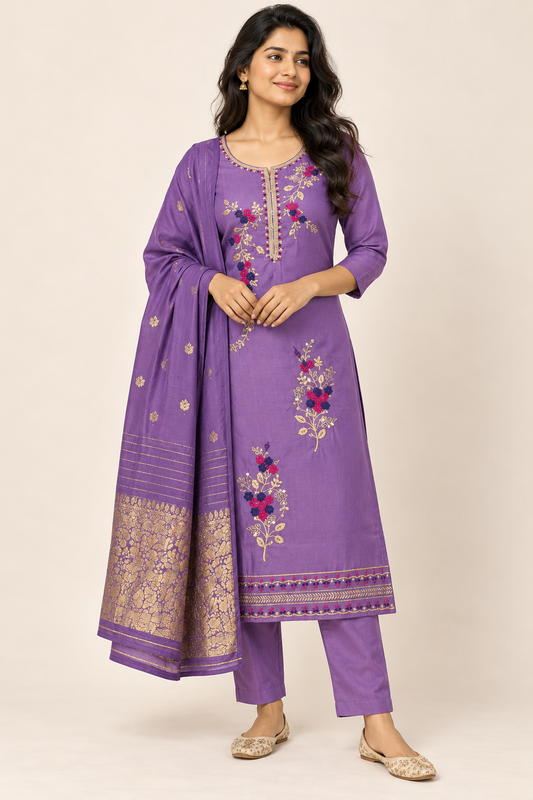 LESA Floral Kurti Set in Purple