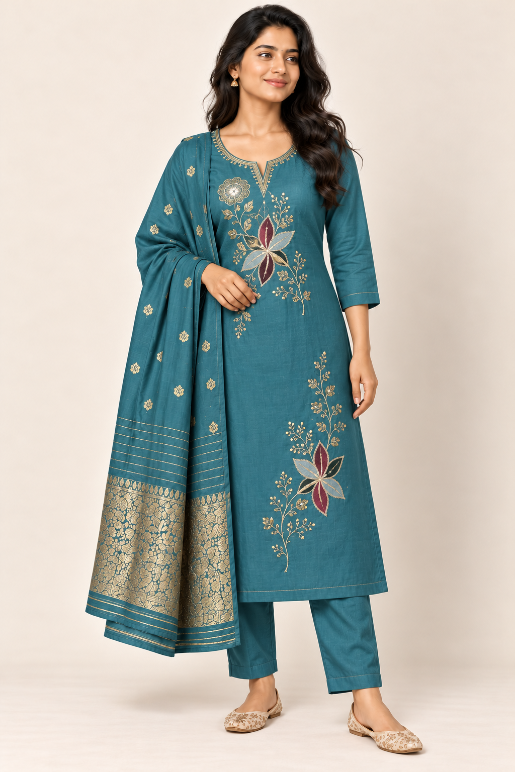 LESA Floral Kurti Set in Teal