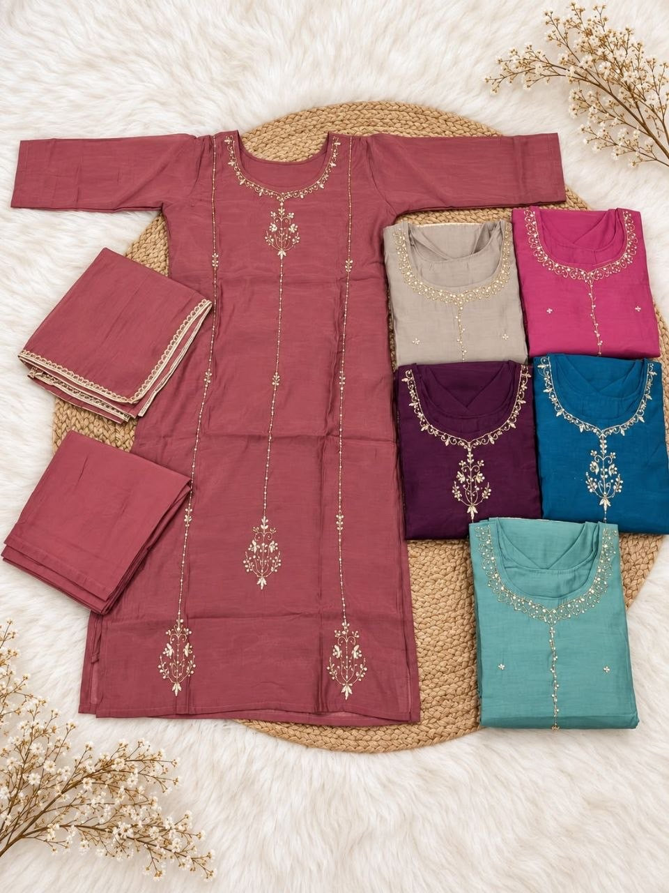 MAHI Handwork Suit Set — original flat lay showing all six colours