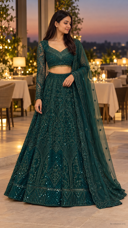 NADIAH green premium net lehenga in an evening dinner setting; AI model for reference only