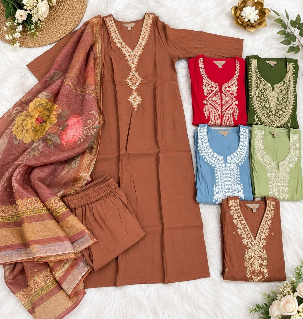NAHIKA Roman Silk Kurti Suit — original flat lay showing six colours
