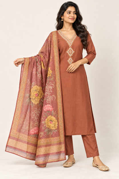 NAHIKA Roman Silk Kurti Suit in Rust