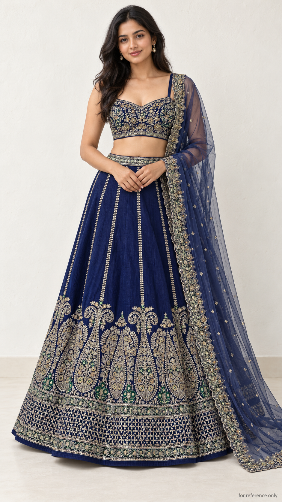 Navy blue Thai silk paisley lehenga with net dupatta, AI model for reference only