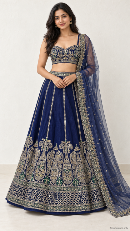 Navy blue Thai silk paisley lehenga with net dupatta, AI model for reference only