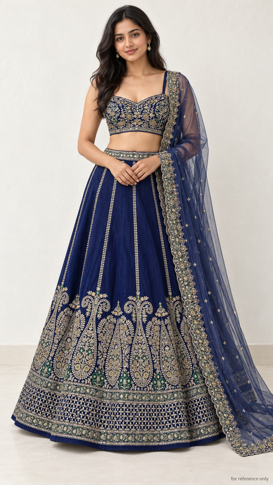 Navy blue Thai silk paisley lehenga with net dupatta, AI model for reference only