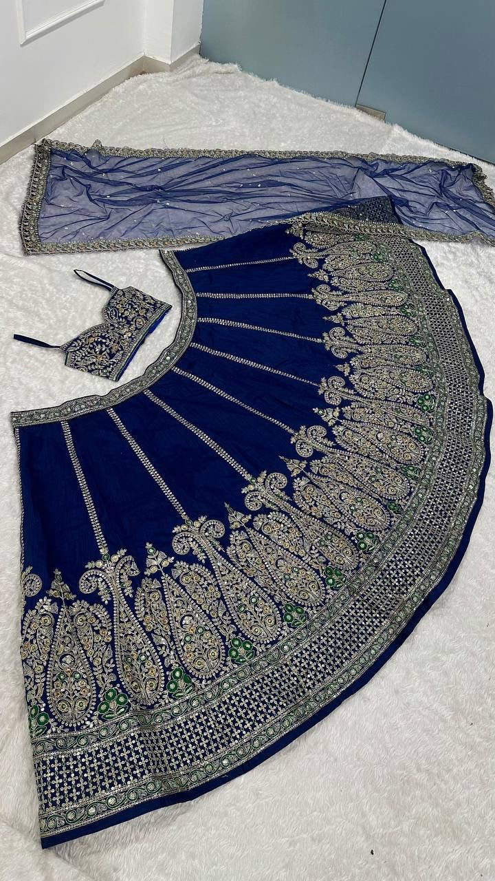 Real product photo: navy blue Thai silk lehenga, embroidery and fabric detail 6390