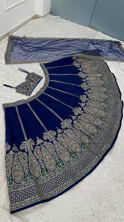 Real product photo: navy blue Thai silk lehenga, embroidery and fabric detail 6390