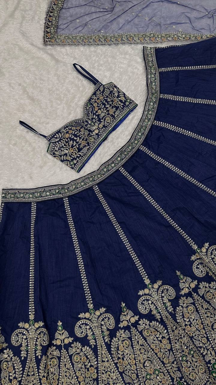 Real product photo: navy blue Thai silk lehenga, embroidery and fabric detail 6391