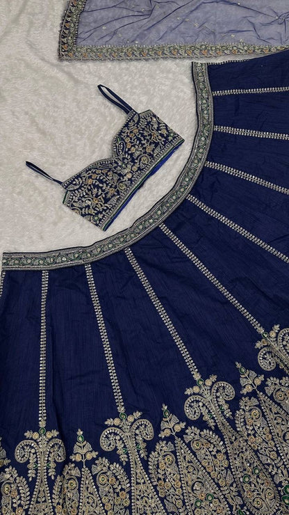 Real product photo: navy blue Thai silk lehenga, embroidery and fabric detail 6391