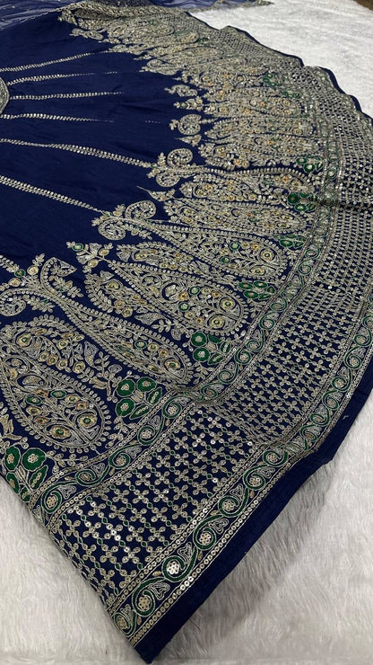 Real product photo: navy blue Thai silk lehenga, embroidery and fabric detail 6393