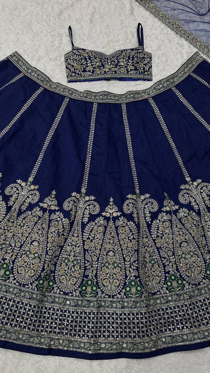 Real product photo: navy blue Thai silk lehenga, embroidery and fabric detail 6394