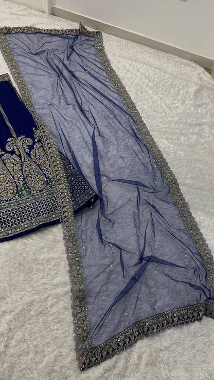 Real product photo: navy blue Thai silk lehenga, embroidery and fabric detail 6396