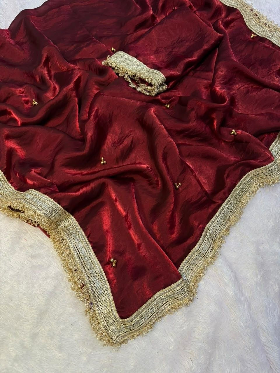 Premium Ghungaroo Bell Saree — actual maroon satin, gold lace and bell handwork detail 1