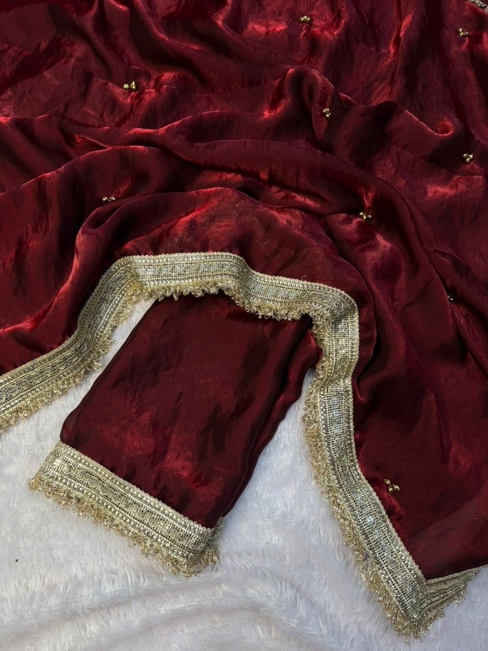 Premium Ghungaroo Bell Saree — actual maroon satin, gold lace and bell handwork detail 2