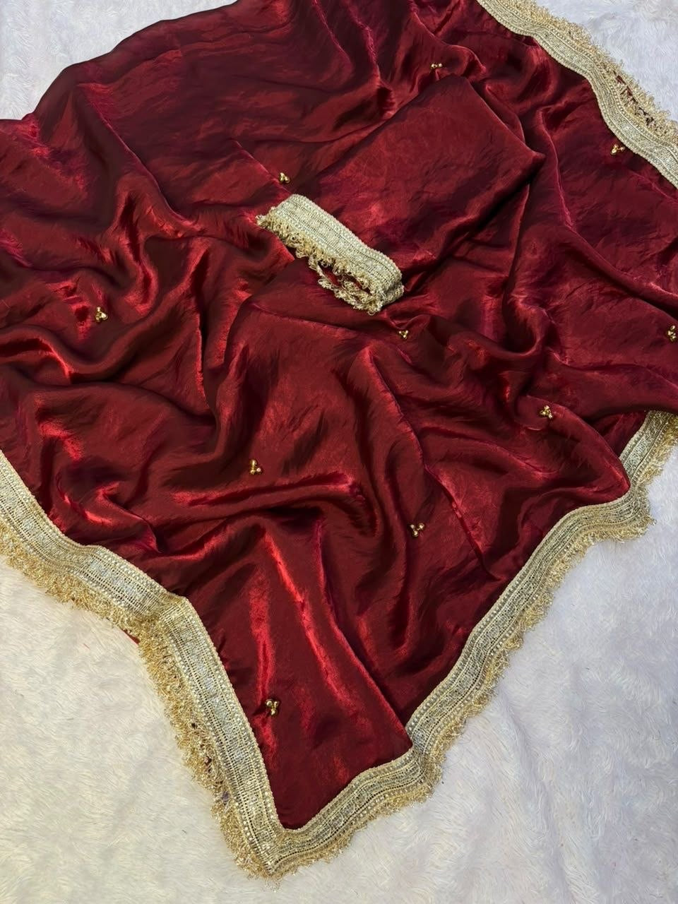 Premium Ghungaroo Bell Saree — actual maroon satin, gold lace and bell handwork detail 3