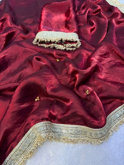 Premium Ghungaroo Bell Saree — actual maroon satin, gold lace and bell handwork detail 4