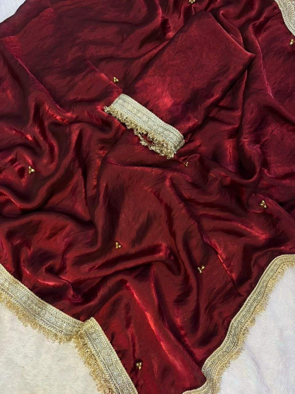 Premium Ghungaroo Bell Saree — actual maroon satin, gold lace and bell handwork detail 5