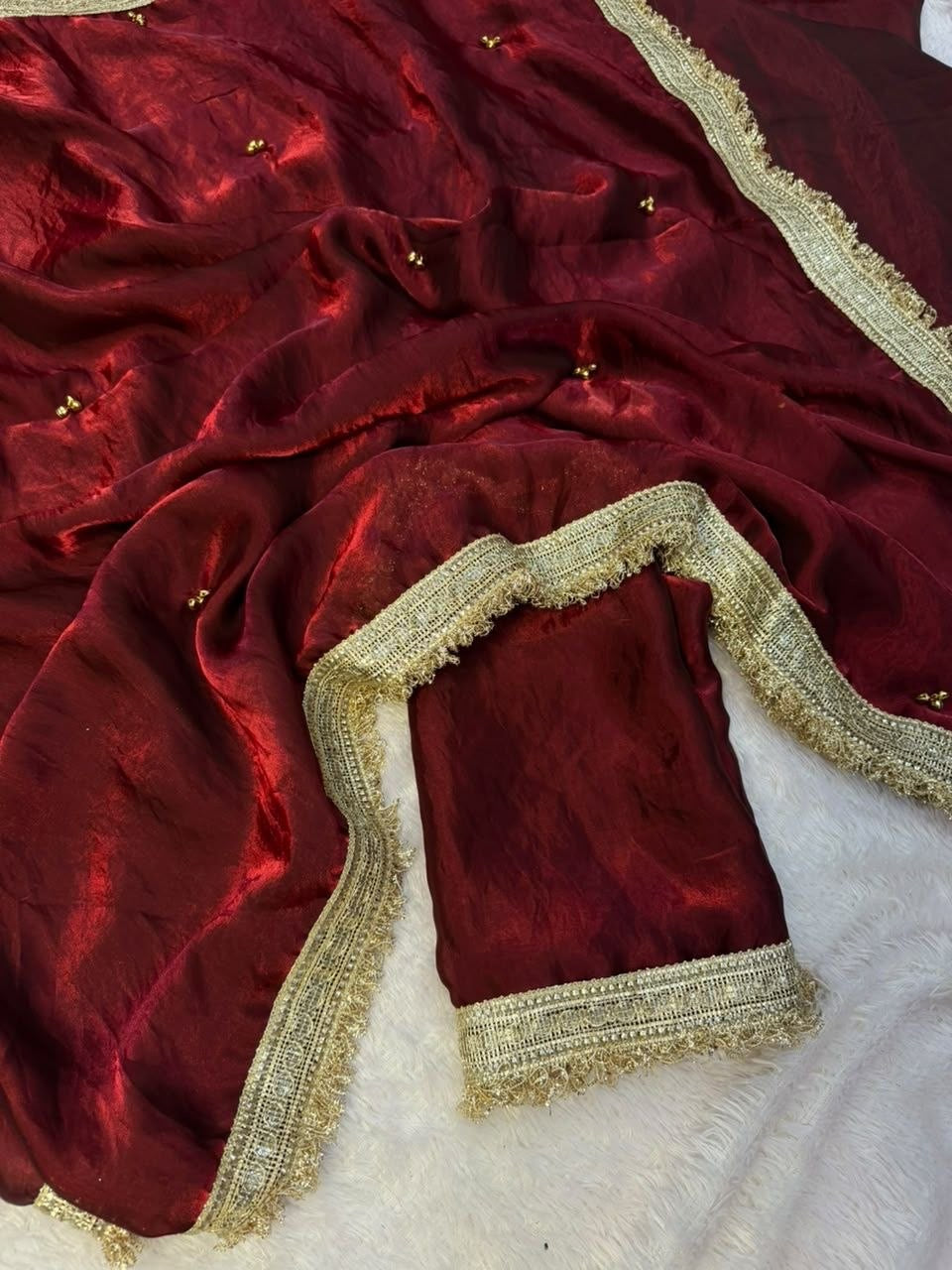 Premium Ghungaroo Bell Saree — actual maroon satin, gold lace and bell handwork detail 6