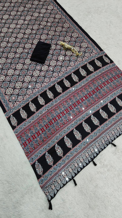 Premium Satin Silk Ajrakh saree in Black — actual detail