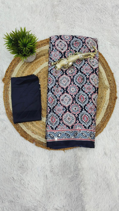 Premium Satin Silk Ajrakh saree in Black — actual folded