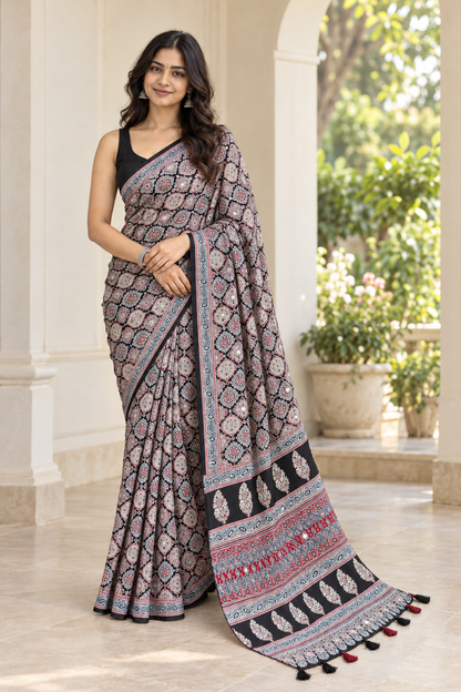Premium Satin Silk Ajrakh saree in Black — AI model image for reference