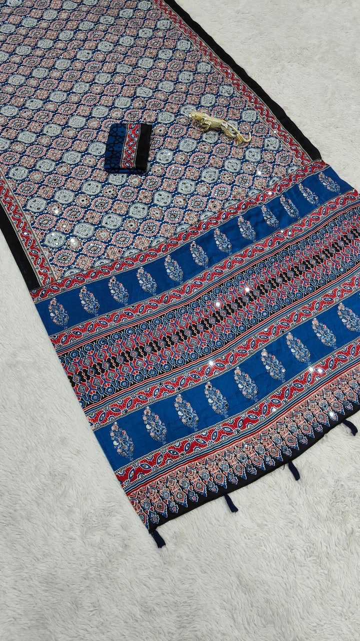 Premium Satin Silk Ajrakh saree in Blue — actual detail