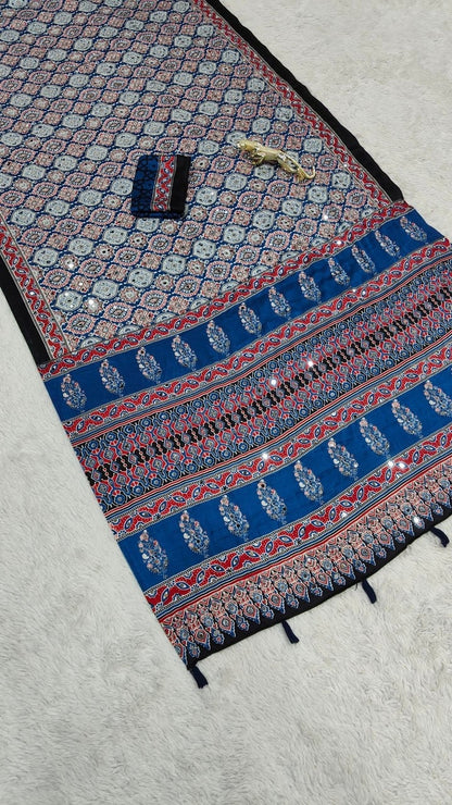 Premium Satin Silk Ajrakh saree in Blue — actual detail