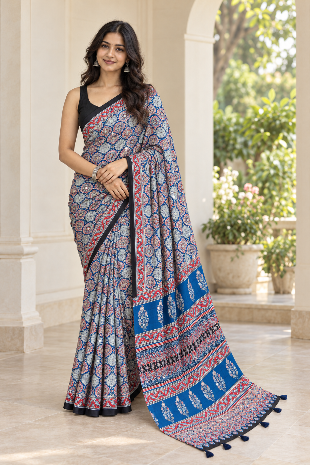 Premium Satin Silk Ajrakh saree in Blue — AI model image for reference