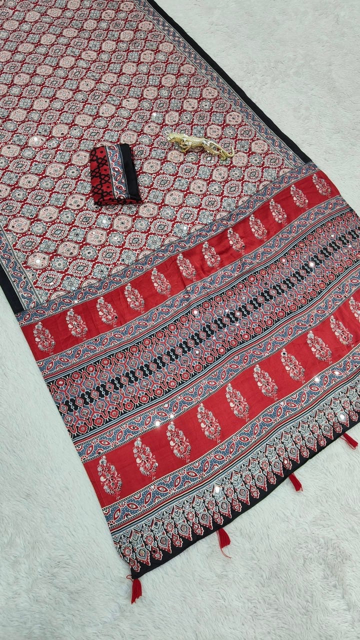 Premium Satin Silk Ajrakh saree in Red — actual detail