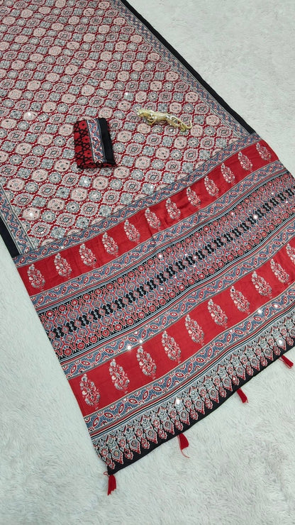 Premium Satin Silk Ajrakh saree in Red — actual detail
