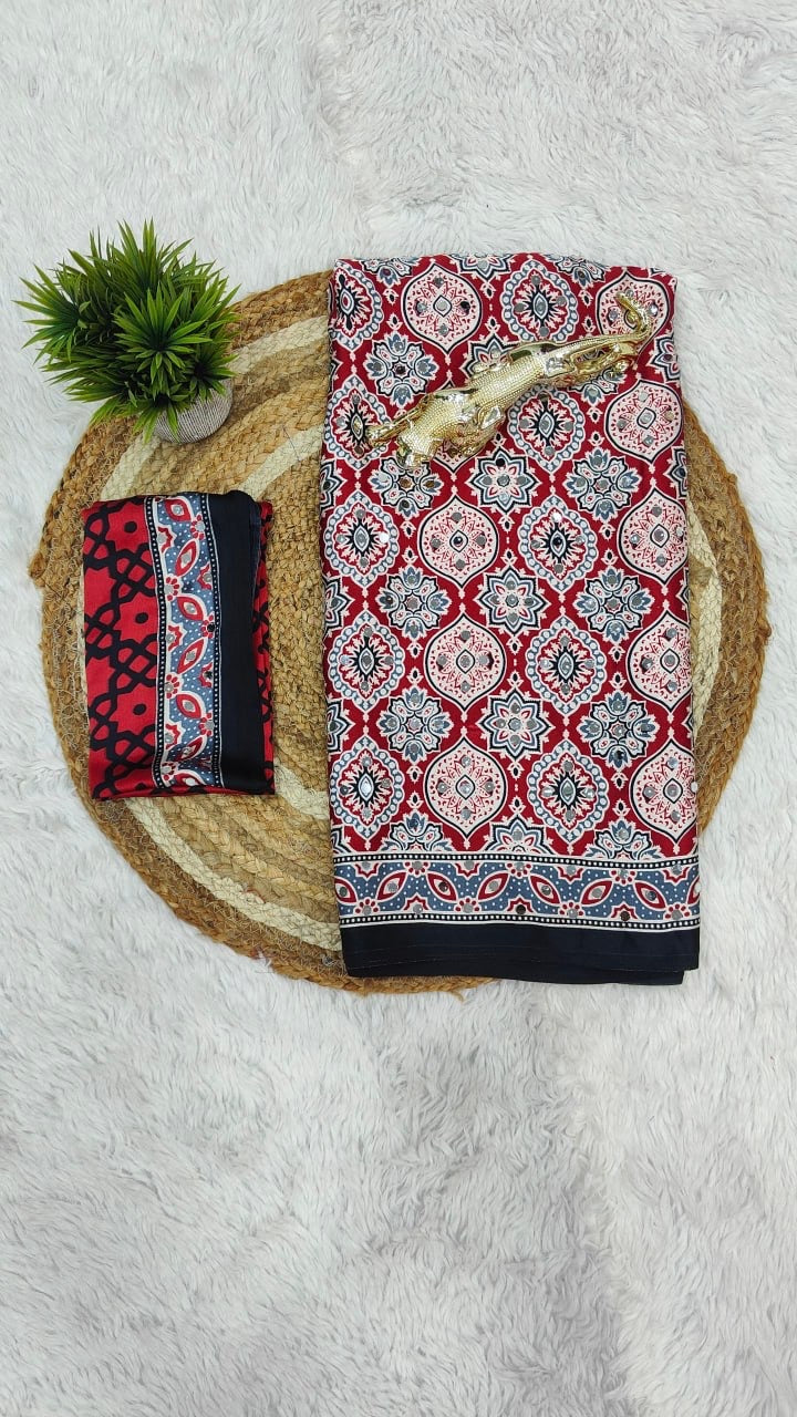 Premium Satin Silk Ajrakh saree in Red — actual folded