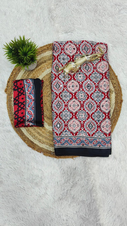 Premium Satin Silk Ajrakh saree in Red — actual folded