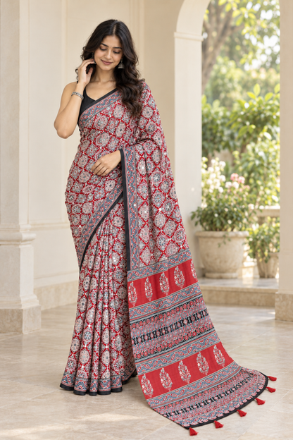 Premium Satin Silk Ajrakh saree in Red — AI model image for reference