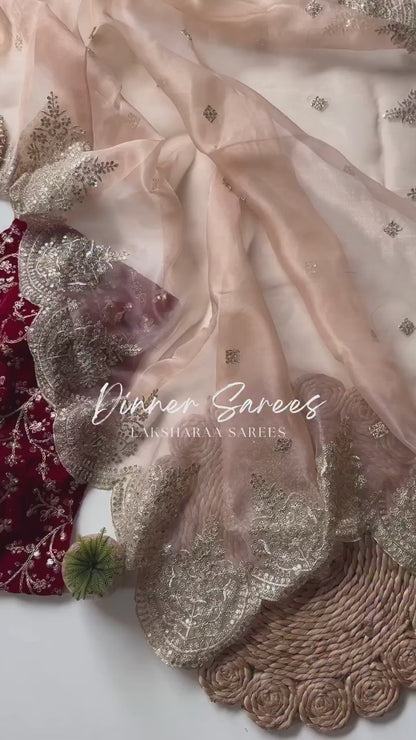 ALICIA — Pretty Peach X Red Shimmer Tissue Saree with Embroidered Blouse