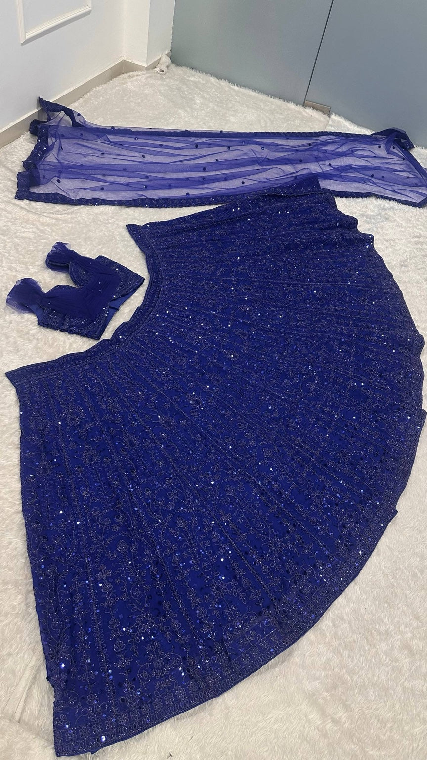 Real product photo: royal blue faux georgette sequin and dori lehenga detail 8074