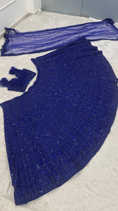 Real product photo: royal blue faux georgette sequin and dori lehenga detail 8076