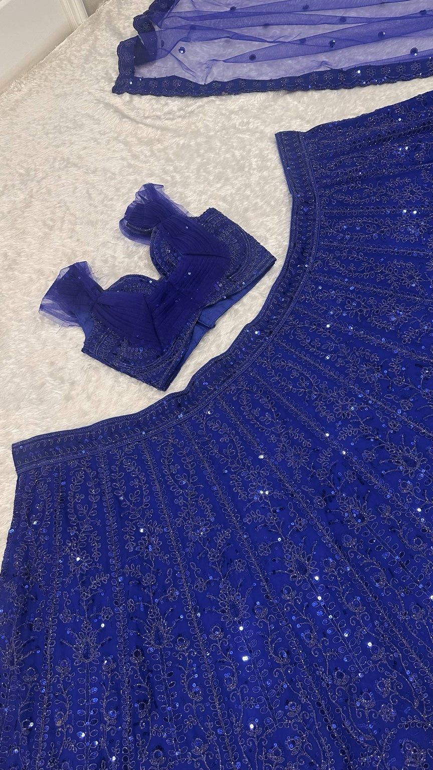 Real product photo: royal blue faux georgette sequin and dori lehenga detail 8078