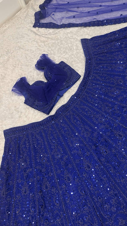 Real product photo: royal blue faux georgette sequin and dori lehenga detail 8078