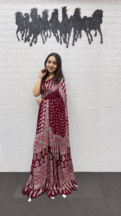 SOMIYA Maroon — actual saree draped on supplier model